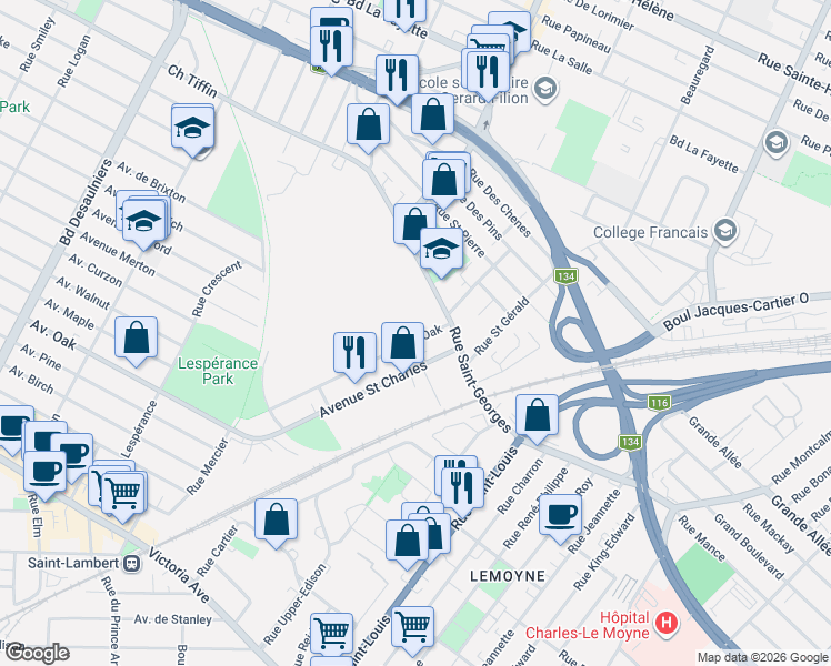 map of restaurants, bars, coffee shops, grocery stores, and more near 912 Avenue Oak in Saint-Lambert