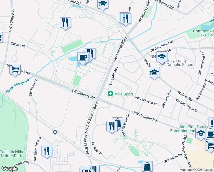 map of restaurants, bars, coffee shops, grocery stores, and more near 14380 Southwest Burlwood Street in Beaverton
