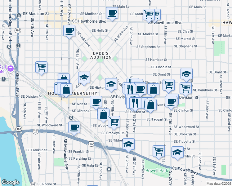 map of restaurants, bars, coffee shops, grocery stores, and more near 2458 Southeast Tamarack Avenue in Portland