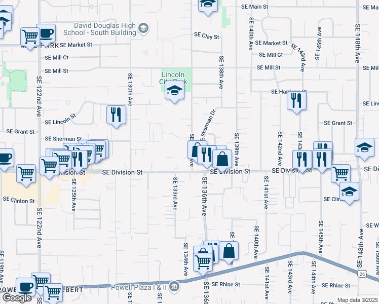 map of restaurants, bars, coffee shops, grocery stores, and more near 13506 Southeast Sherman Drive in Portland