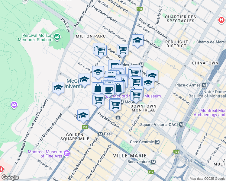 map of restaurants, bars, coffee shops, grocery stores, and more near in Montreal