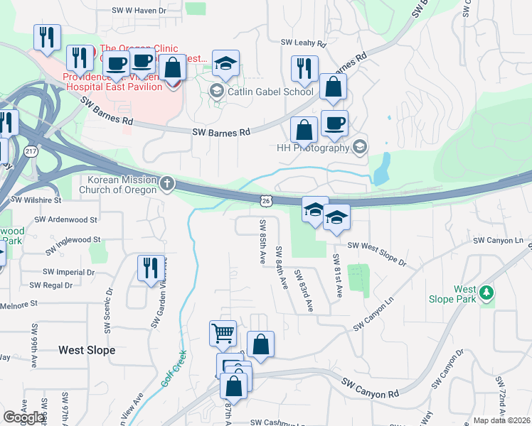 map of restaurants, bars, coffee shops, grocery stores, and more near 8495 Southwest Katherine Lane in Portland