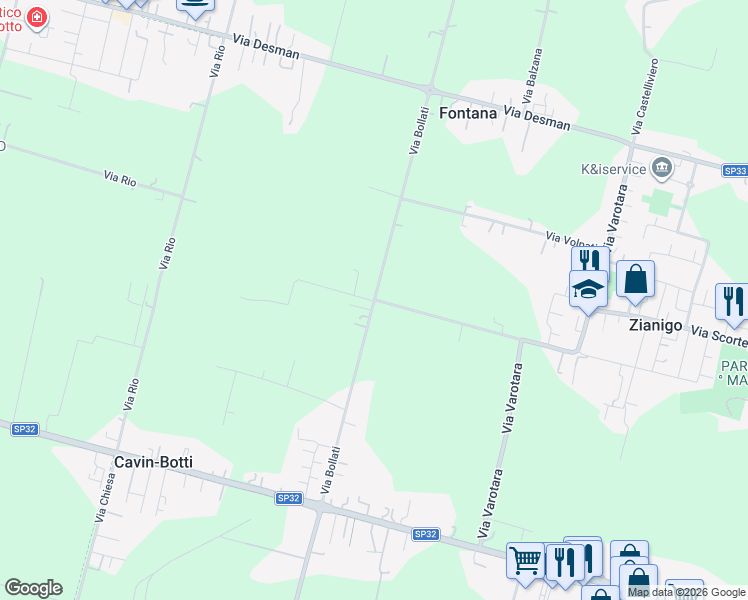 map of restaurants, bars, coffee shops, grocery stores, and more near 24A Via Bollati in Città Metropolitana di Venezia