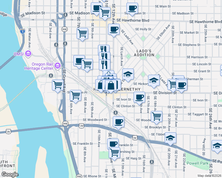 map of restaurants, bars, coffee shops, grocery stores, and more near 1125 Southeast Division Street in Portland