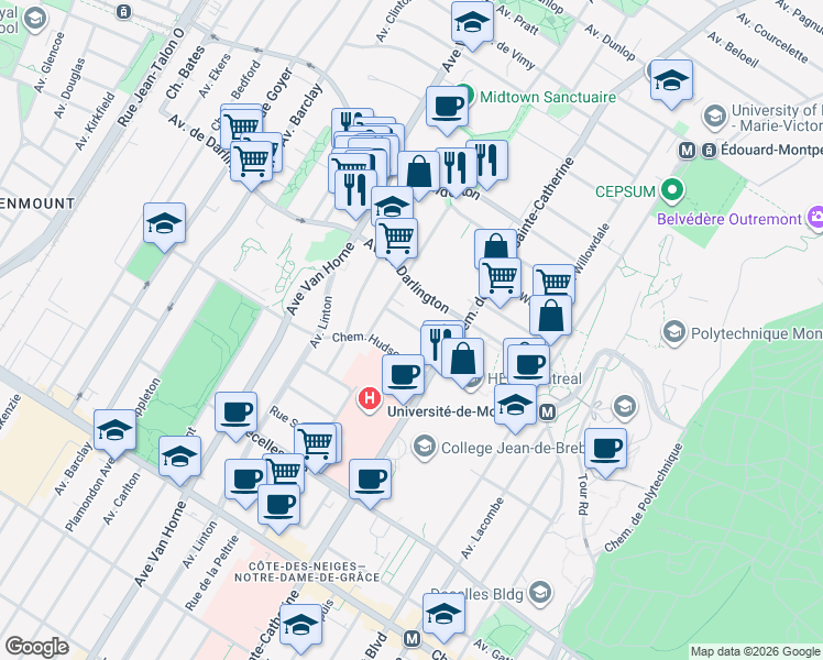 map of restaurants, bars, coffee shops, grocery stores, and more near 5754 Northmount Avenue in Montreal