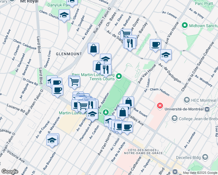 map of restaurants, bars, coffee shops, grocery stores, and more near 3225 Avenue Appleton in Montréal