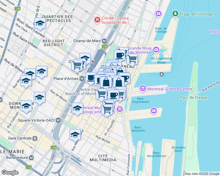 map of restaurants, bars, coffee shops, grocery stores, and more near 63 Rue de Brésoles in Montréal