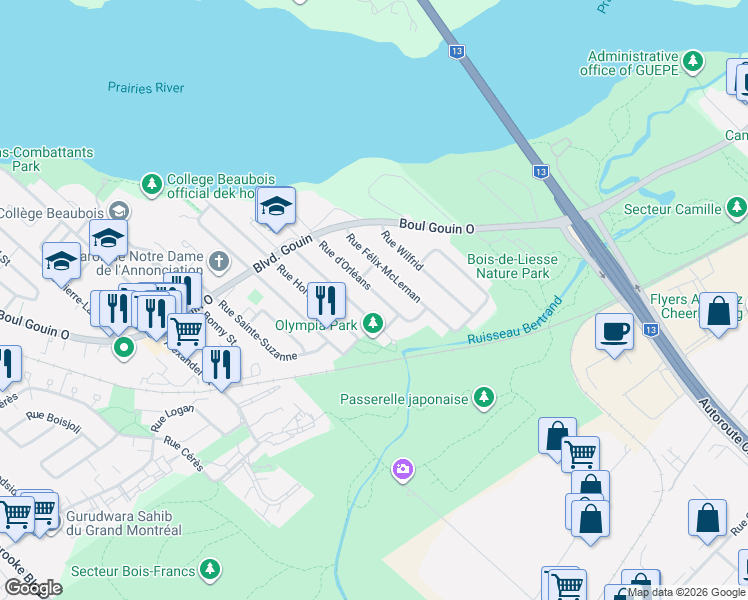 map of restaurants, bars, coffee shops, grocery stores, and more near 4949 Rue d'Orléans in Montréal