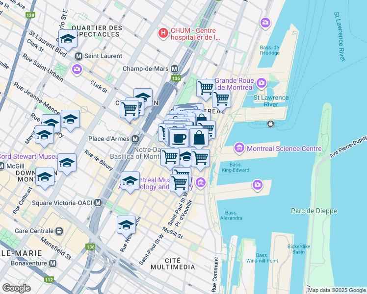 map of restaurants, bars, coffee shops, grocery stores, and more near 48 Rue Notre-Dame Ouest in Montréal