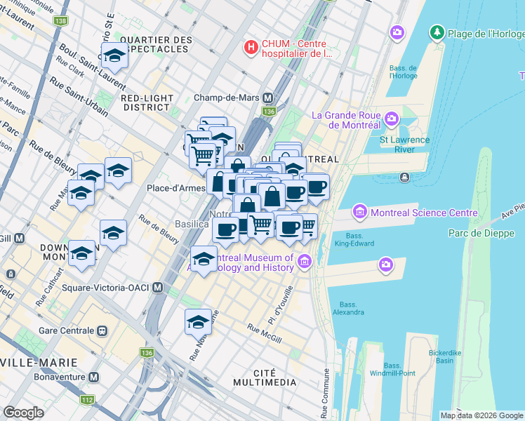 map of restaurants, bars, coffee shops, grocery stores, and more near 507 Place d'Armes in Montreal