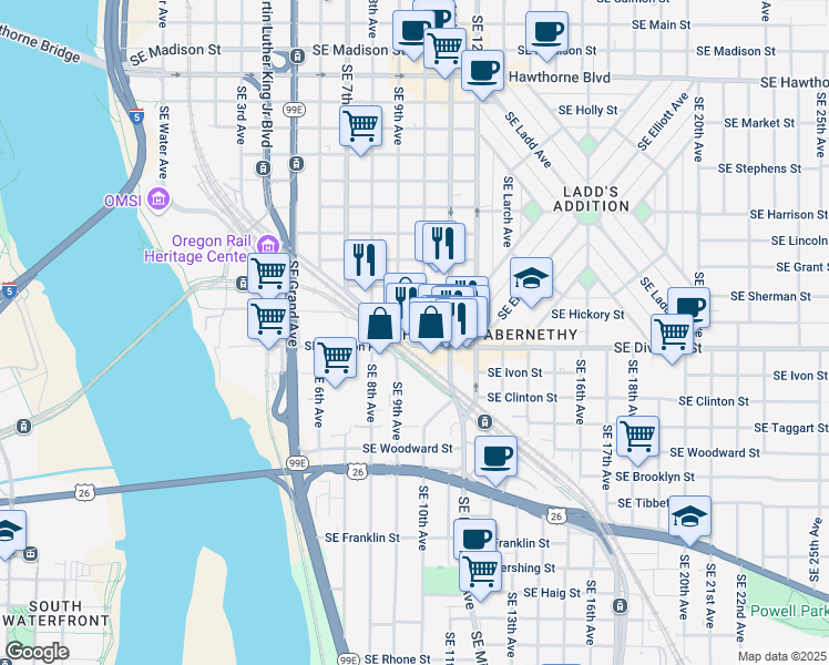 map of restaurants, bars, coffee shops, grocery stores, and more near 920 Southeast Caruthers Street in Portland