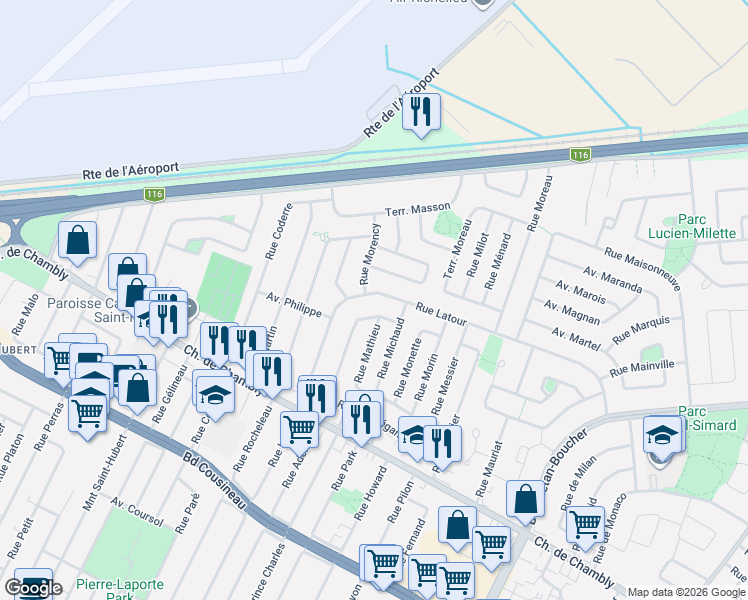 map of restaurants, bars, coffee shops, grocery stores, and more near 925 Rue Latour in Longueuil
