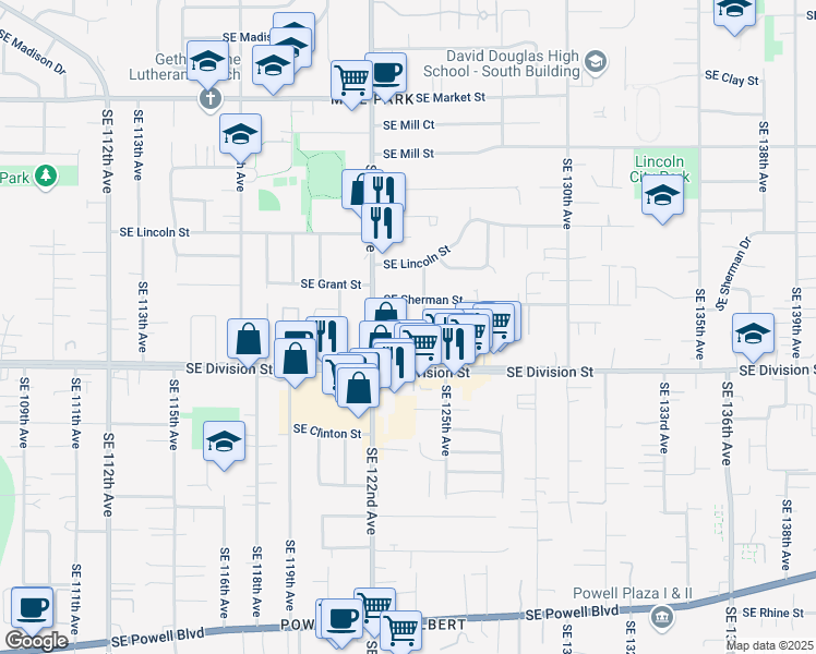 map of restaurants, bars, coffee shops, grocery stores, and more near 2395 Southeast 124th Avenue in Portland