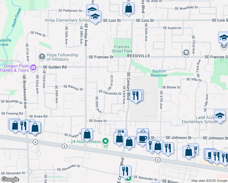 map of restaurants, bars, coffee shops, grocery stores, and more near 6135 Southeast Hacienda Street in Hillsboro