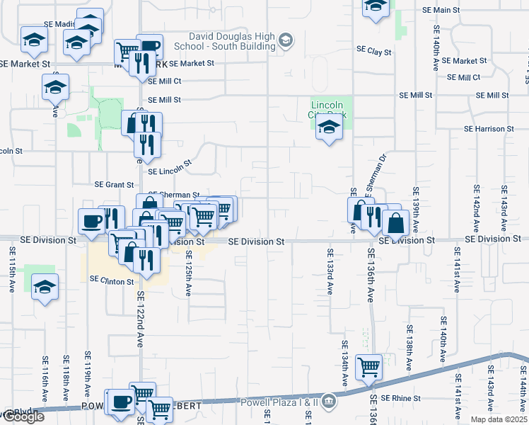 map of restaurants, bars, coffee shops, grocery stores, and more near 2333 Southeast 130th Avenue in Portland