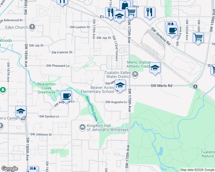 map of restaurants, bars, coffee shops, grocery stores, and more near 17300 Southwest Merlo Road in Beaverton