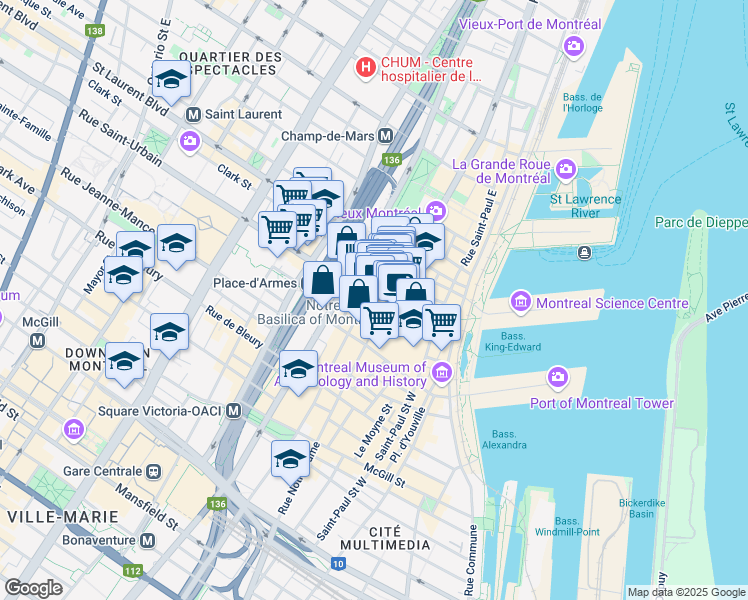 map of restaurants, bars, coffee shops, grocery stores, and more near 512 Place d'Armes in Montréal
