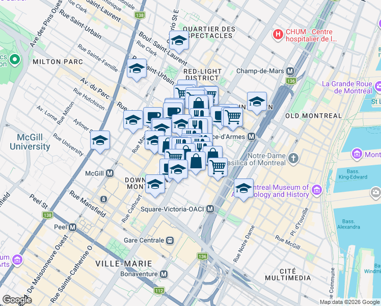 map of restaurants, bars, coffee shops, grocery stores, and more near 1180 Rue de Bleury in Montréal