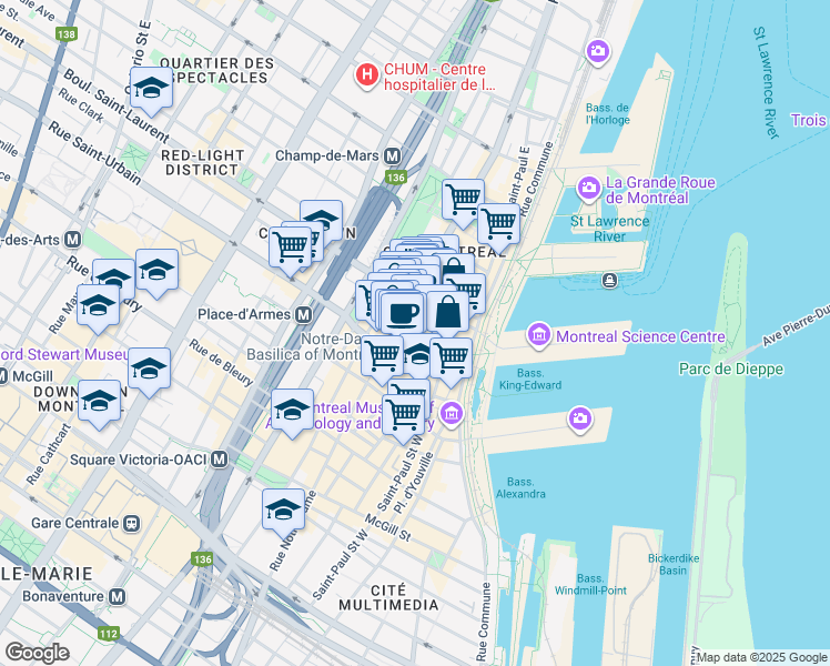 map of restaurants, bars, coffee shops, grocery stores, and more near 63 Rue de Brésoles in Montréal