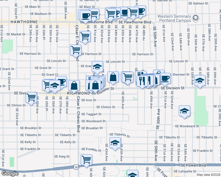 map of restaurants, bars, coffee shops, grocery stores, and more near SE Division St & SE 43rd Ave in Portland