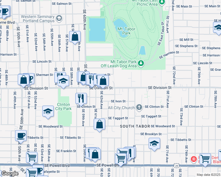 map of restaurants, bars, coffee shops, grocery stores, and more near 6308 Southeast Division Street in Portland