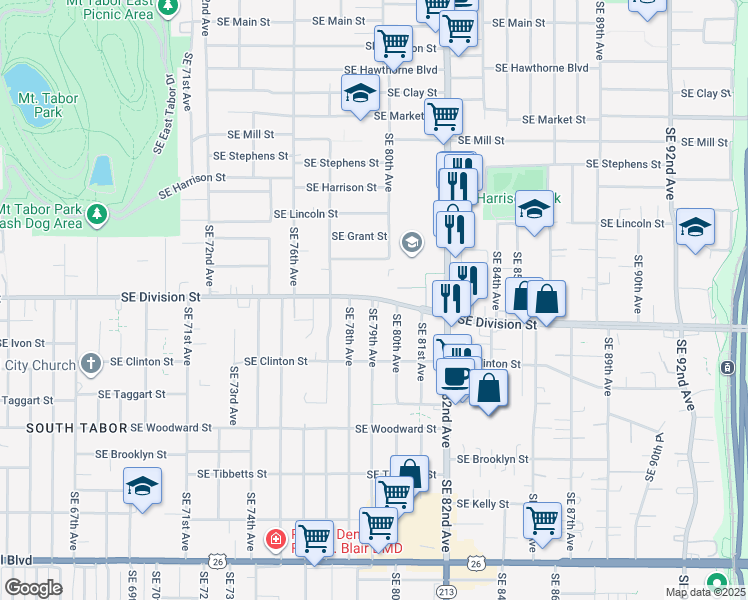 map of restaurants, bars, coffee shops, grocery stores, and more near 2404 Southeast 79th Avenue in Portland