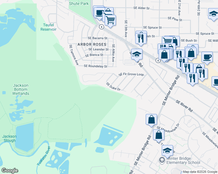 map of restaurants, bars, coffee shops, grocery stores, and more near 1399 Southeast Duke Drive in Hillsboro