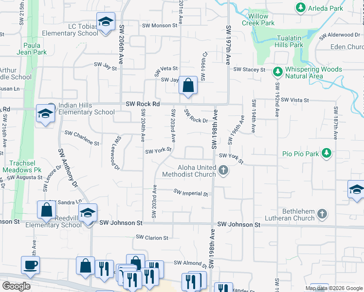 map of restaurants, bars, coffee shops, grocery stores, and more near 20019 Southwest Joann Court in Beaverton