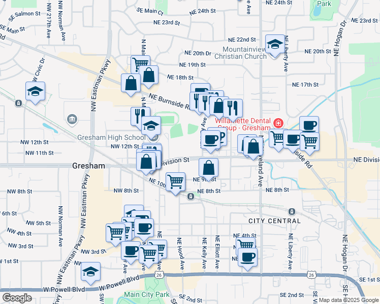 map of restaurants, bars, coffee shops, grocery stores, and more near 311 Northeast Division Street in Gresham