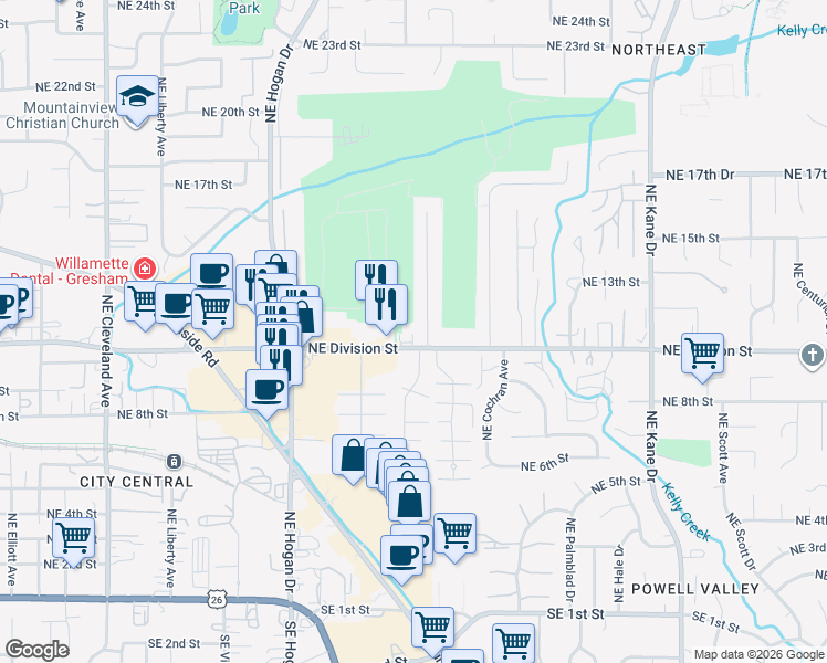 map of restaurants, bars, coffee shops, grocery stores, and more near 1145 Northeast Country Club Avenue in Gresham