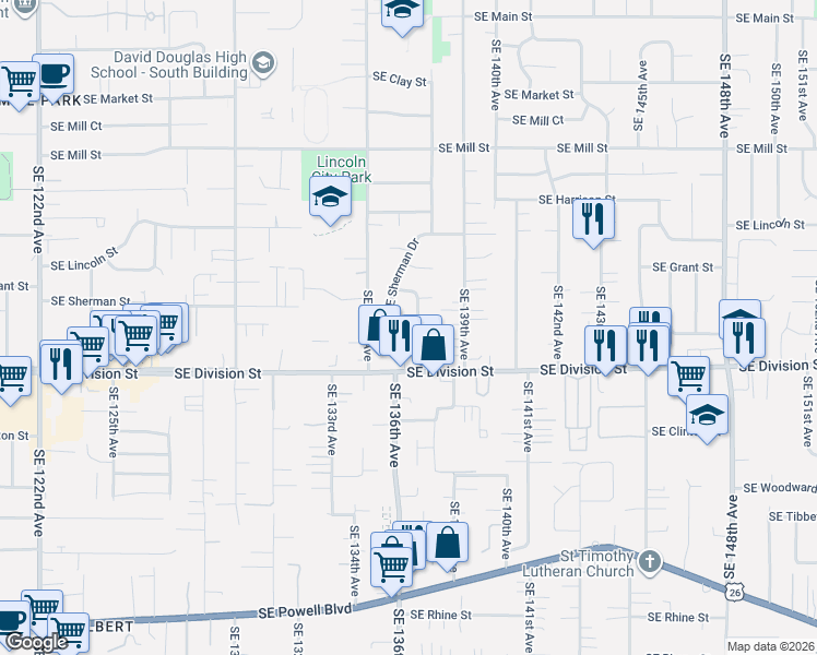 map of restaurants, bars, coffee shops, grocery stores, and more near 2337 Southeast 137th Avenue in Portland