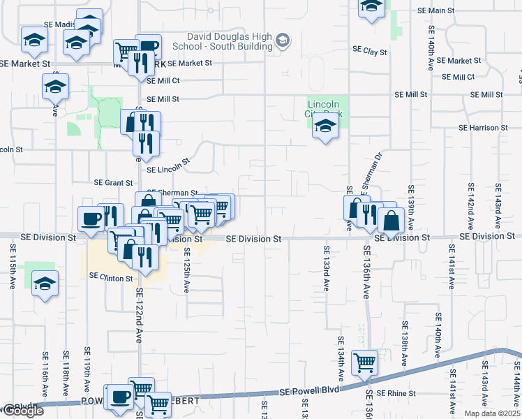 map of restaurants, bars, coffee shops, grocery stores, and more near 2305 Southeast 130th Avenue in Portland