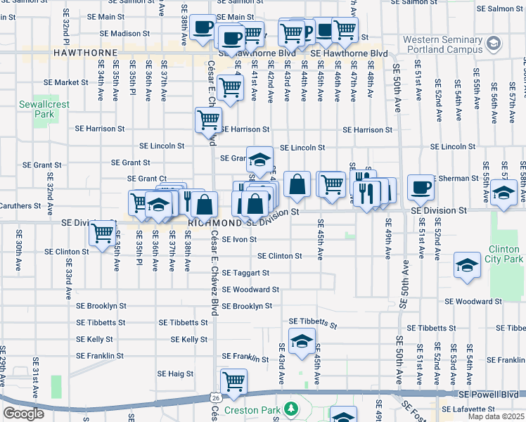 map of restaurants, bars, coffee shops, grocery stores, and more near 2370 Southeast 42nd Avenue in Portland