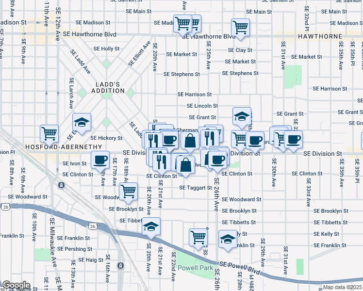 map of restaurants, bars, coffee shops, grocery stores, and more near 2222 Southeast Caruthers Street in Portland