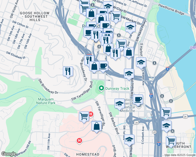 map of restaurants, bars, coffee shops, grocery stores, and more near 2415 Southwest 5th Avenue in Portland