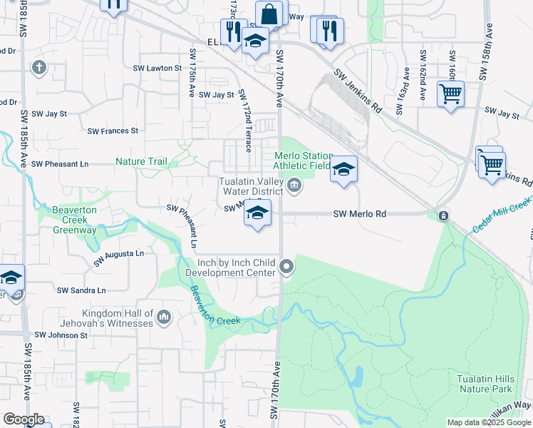 map of restaurants, bars, coffee shops, grocery stores, and more near 17060 Southwest Merlo Road in Beaverton