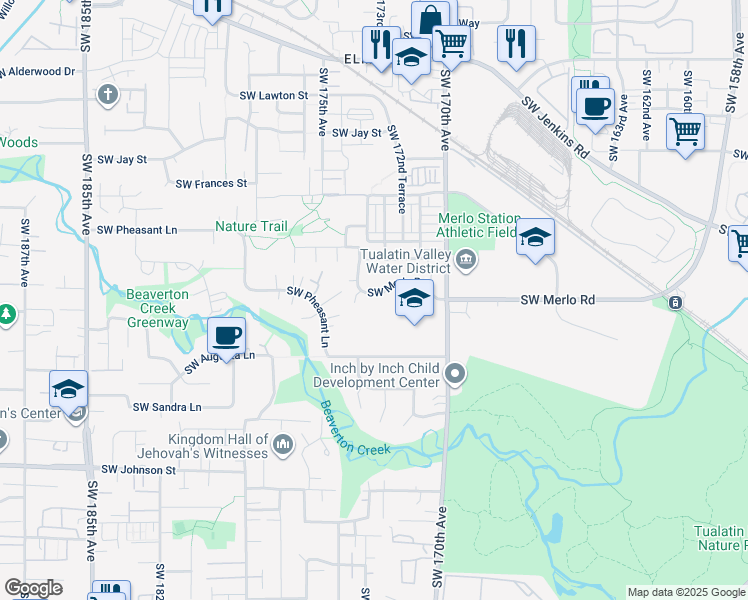 map of restaurants, bars, coffee shops, grocery stores, and more near 17270 Southwest Merlo Road in Beaverton
