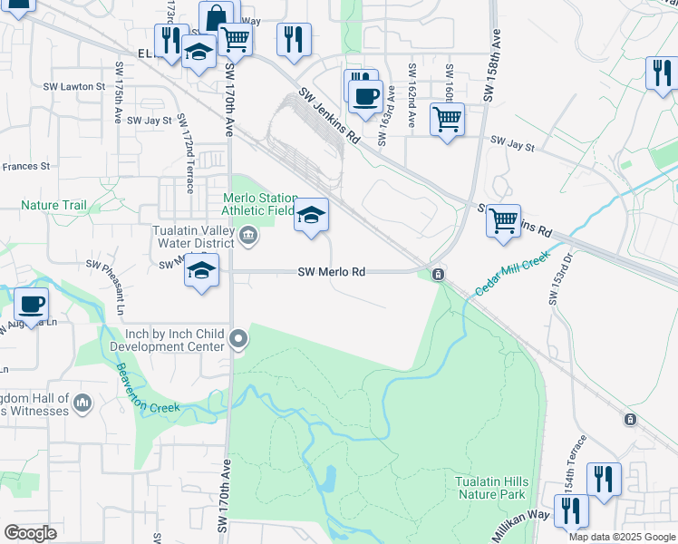 map of restaurants, bars, coffee shops, grocery stores, and more near Southwest Merlo Road in Beaverton