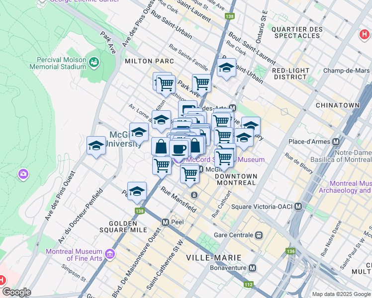 map of restaurants, bars, coffee shops, grocery stores, and more near in Montreal
