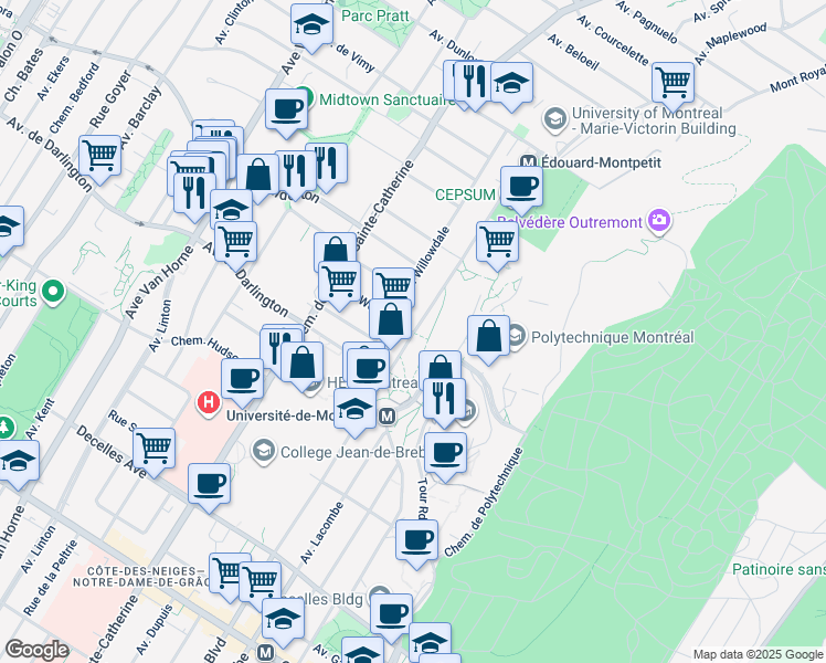 map of restaurants, bars, coffee shops, grocery stores, and more near 5539 Avenue Woodbury in Montreal