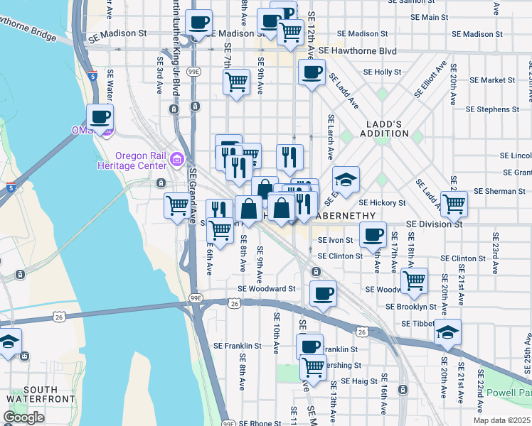 map of restaurants, bars, coffee shops, grocery stores, and more near 920 Southeast Caruthers Street in Portland