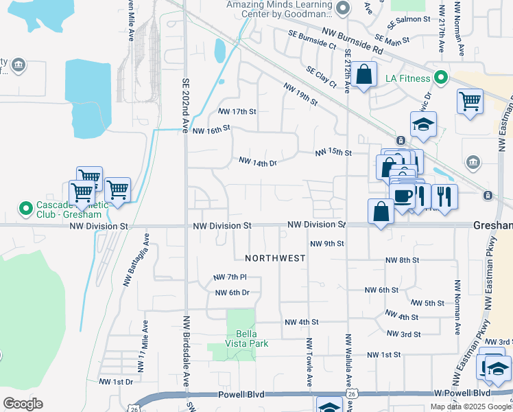 map of restaurants, bars, coffee shops, grocery stores, and more near 1165 Northwest Bella Vista Place in Gresham