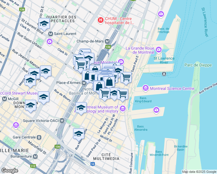 map of restaurants, bars, coffee shops, grocery stores, and more near 60 Rue Notre Dame Ouest in Montréal