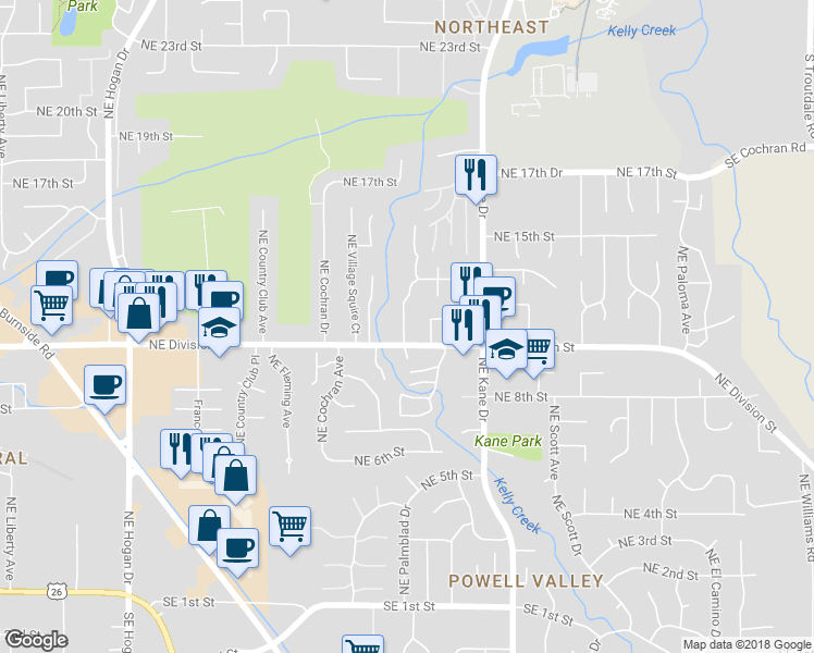 map of restaurants, bars, coffee shops, grocery stores, and more near 1116 Northeast Palmblad Drive in Gresham