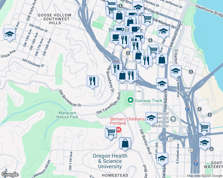 map of restaurants, bars, coffee shops, grocery stores, and more near 2440 Southwest Hoffman Avenue in Portland