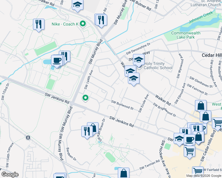 map of restaurants, bars, coffee shops, grocery stores, and more near 2025 Southwest 139th Avenue in Beaverton