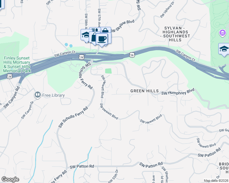 map of restaurants, bars, coffee shops, grocery stores, and more near 5054 Southwest Hilltop Lane in Portland