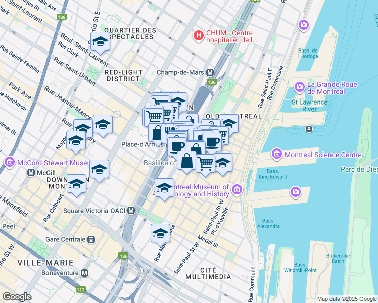 map of restaurants, bars, coffee shops, grocery stores, and more near in Montreal