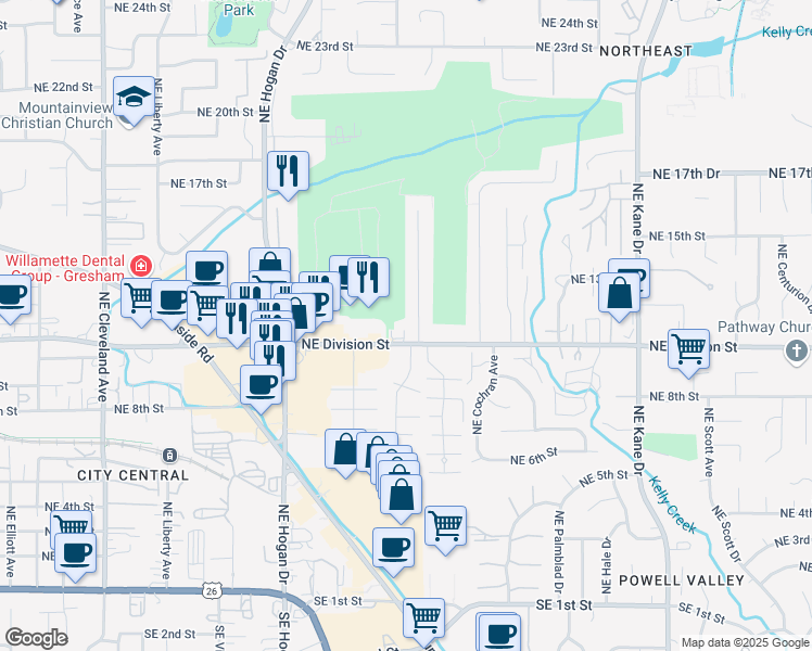 map of restaurants, bars, coffee shops, grocery stores, and more near 1145 Northeast Country Club Avenue in Gresham