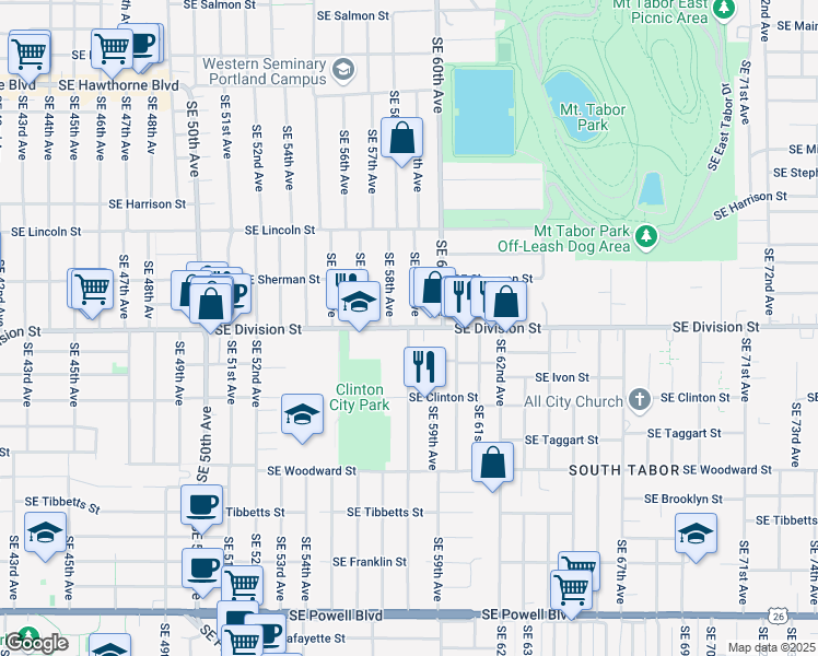 map of restaurants, bars, coffee shops, grocery stores, and more near 5900 Southeast Division Street in Portland